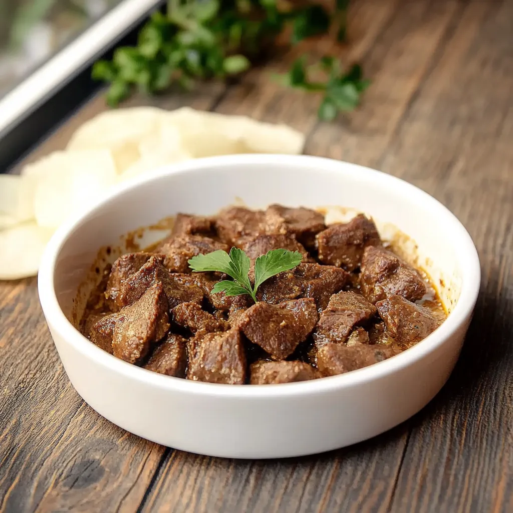 Um prato de comida com carne e ervas.
