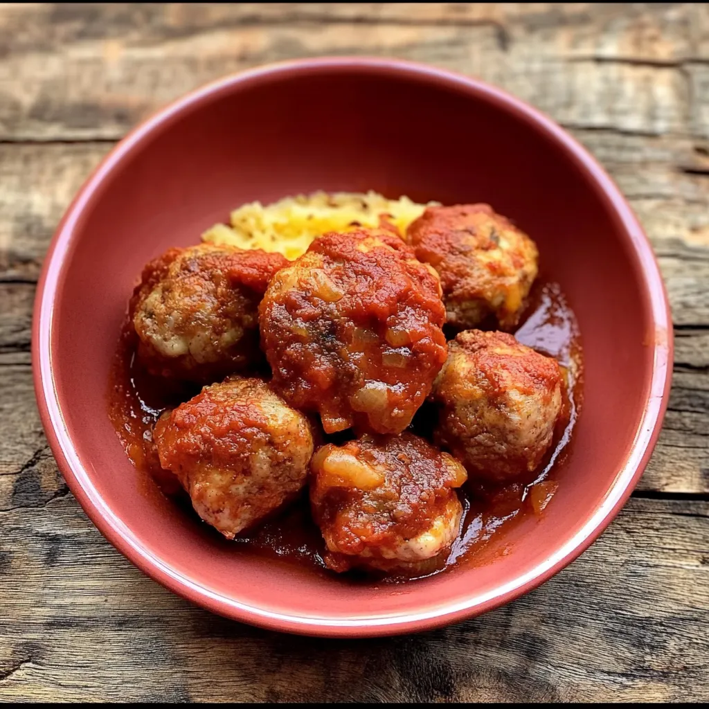 Um prato com bolinhas de carne cobertas de tomate.