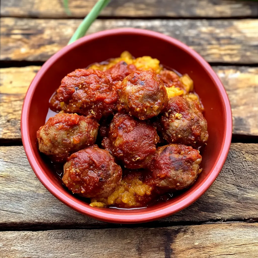 Um prato cheio de bolinhas de carne com tomate.