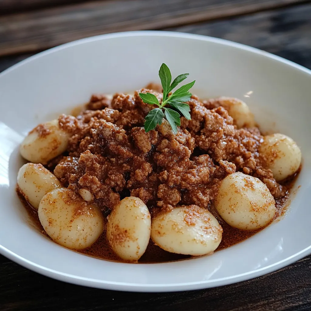 Um prato de comida com carne e cebola.