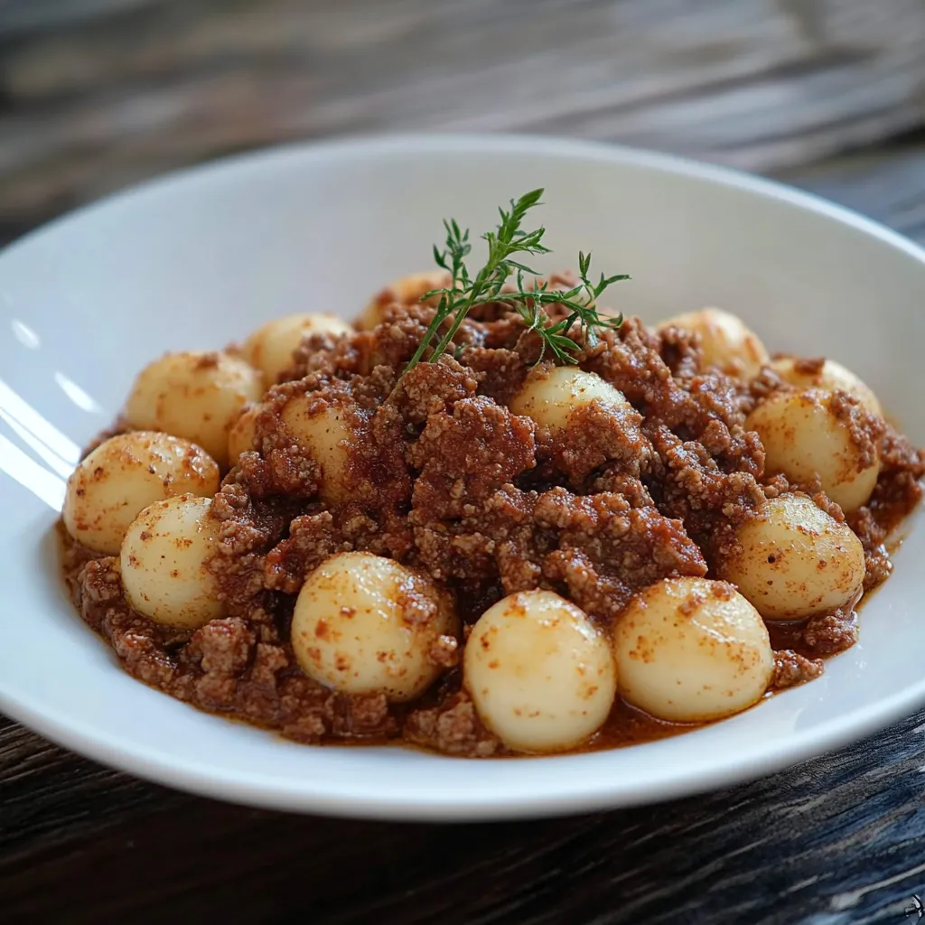 Um prato de comida com carne e cebola.