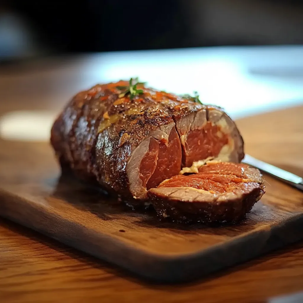 Carne assada em um pedaço de madeira.