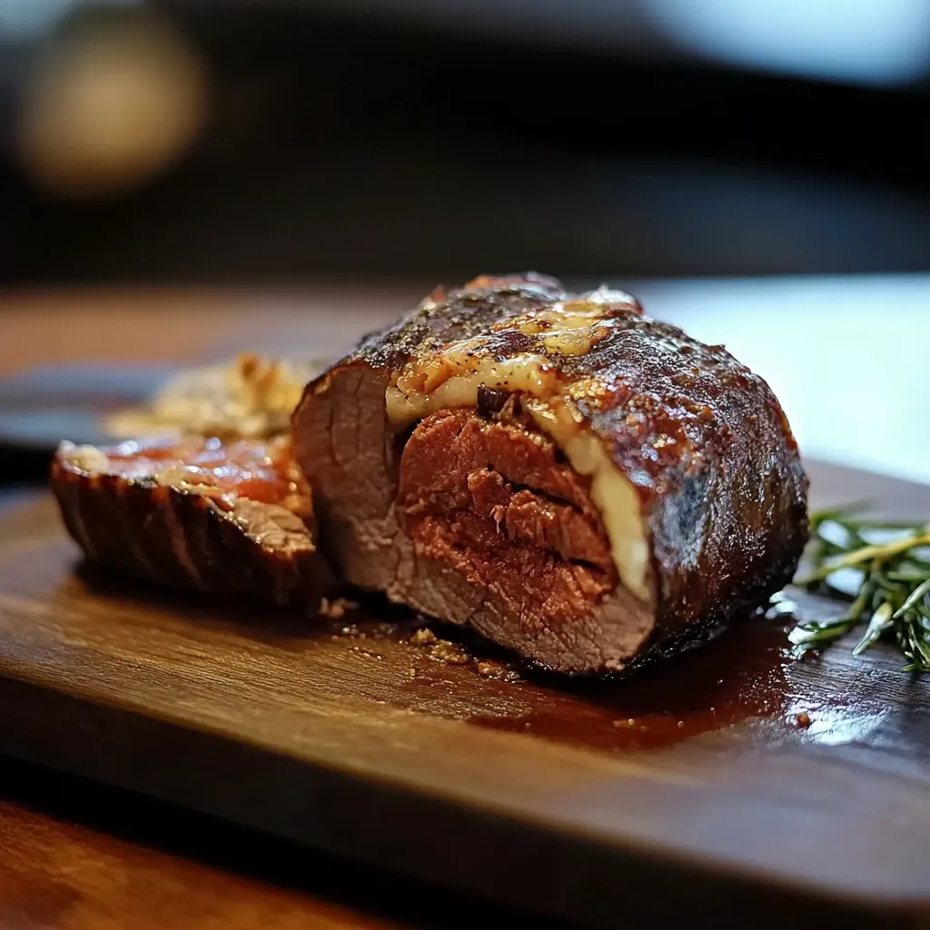 Carne assada em um pedaço de madeira.