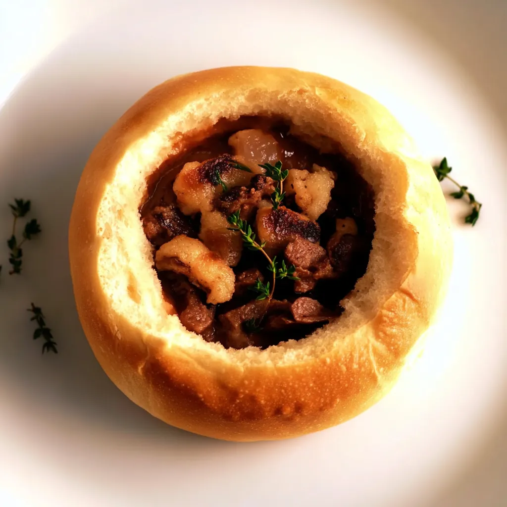 Um bolinho de pão com carne e ervas no centro.
