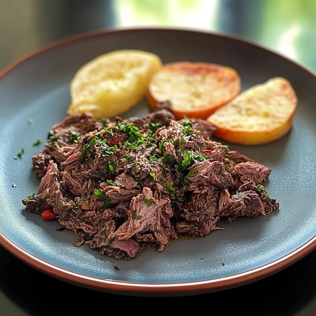 Plate of food with meat and potatoes.