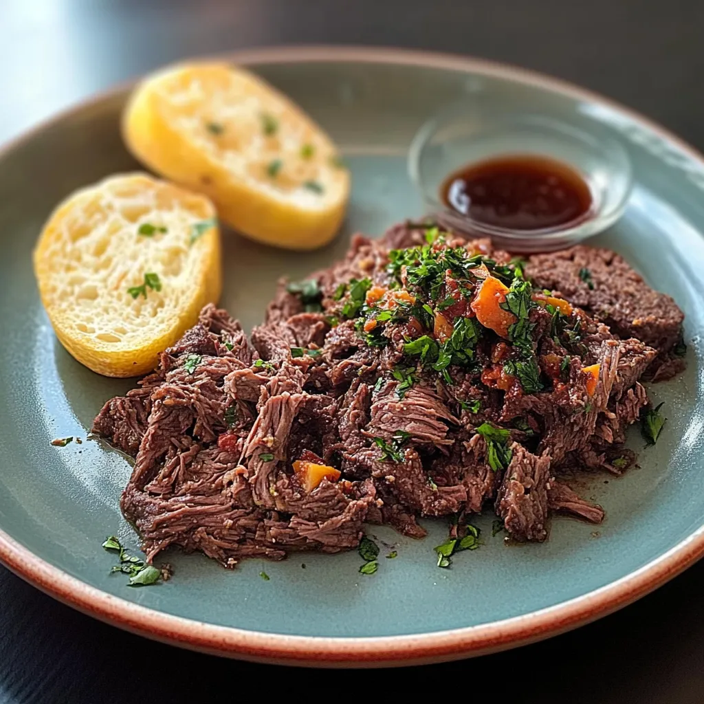Plate with meat, bread and sauce.
