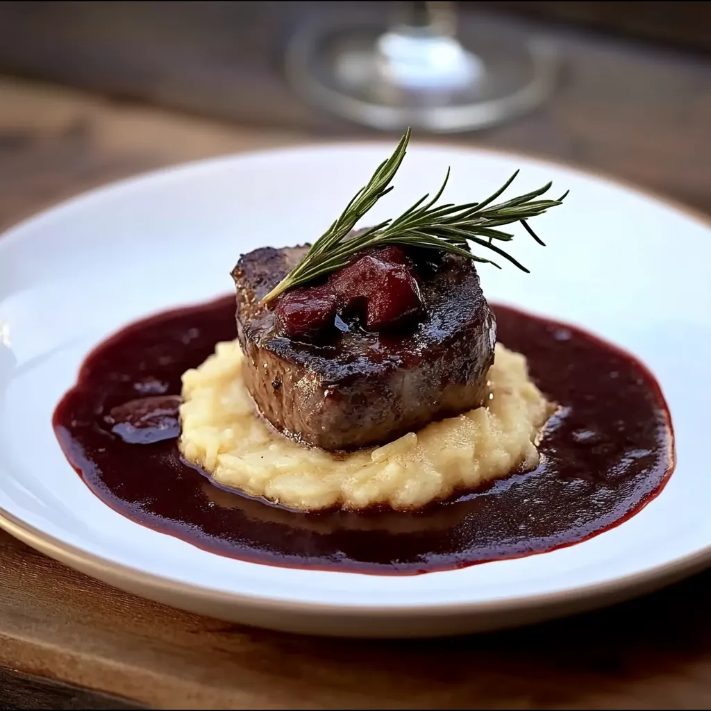 Carne com ervas no topo, em um prato branco.