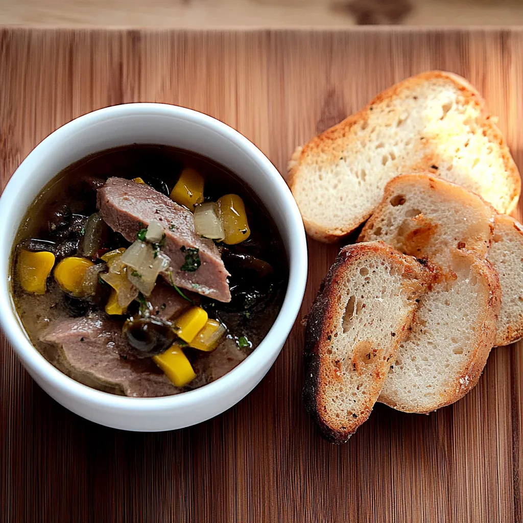Um prato de sopa com carne e vegetais em um prato branco.