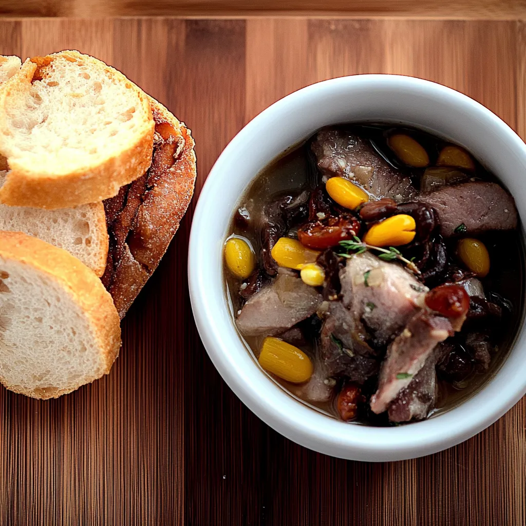 Um prato de sopa com carne e vegetais.