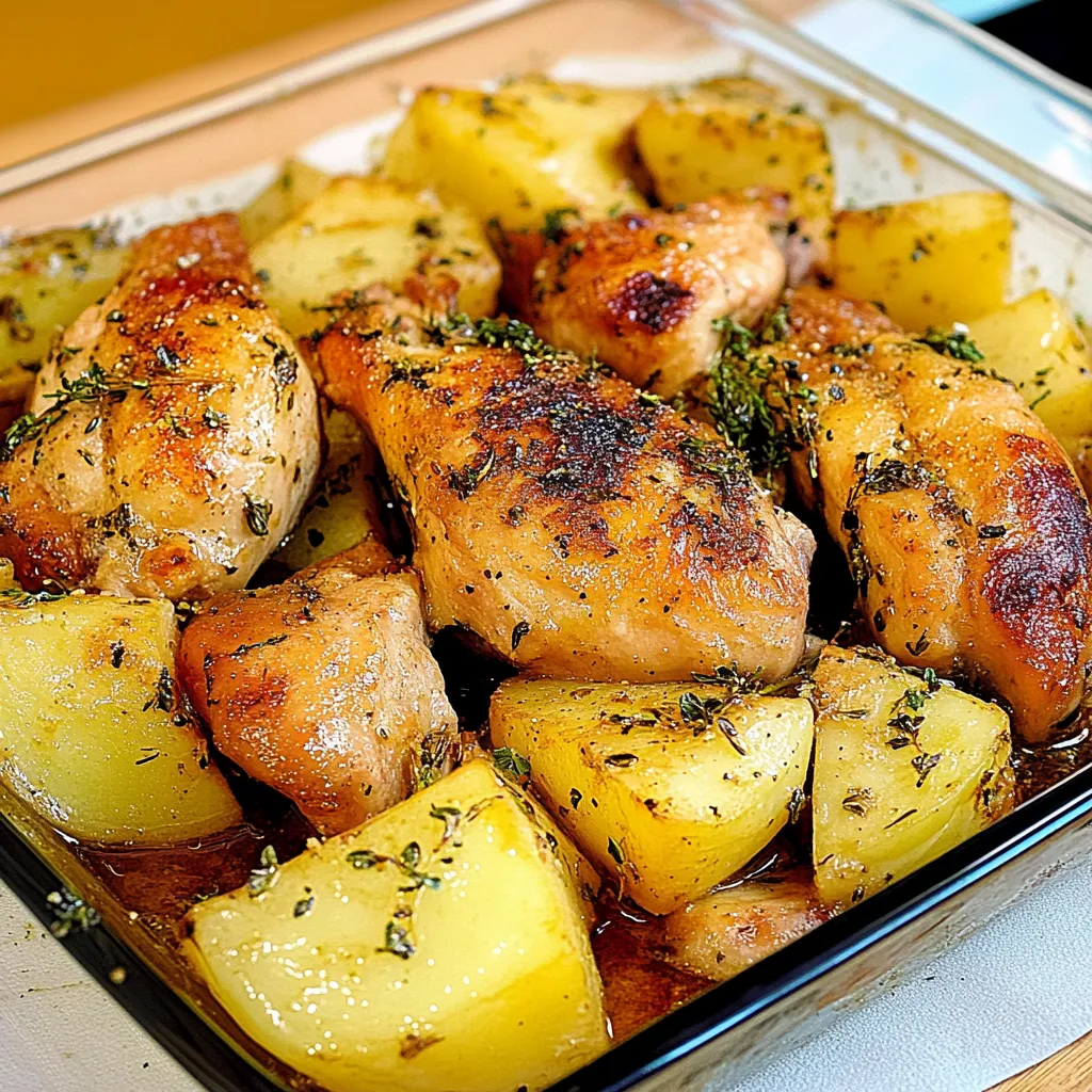 Carne assada com batatas e ervas.