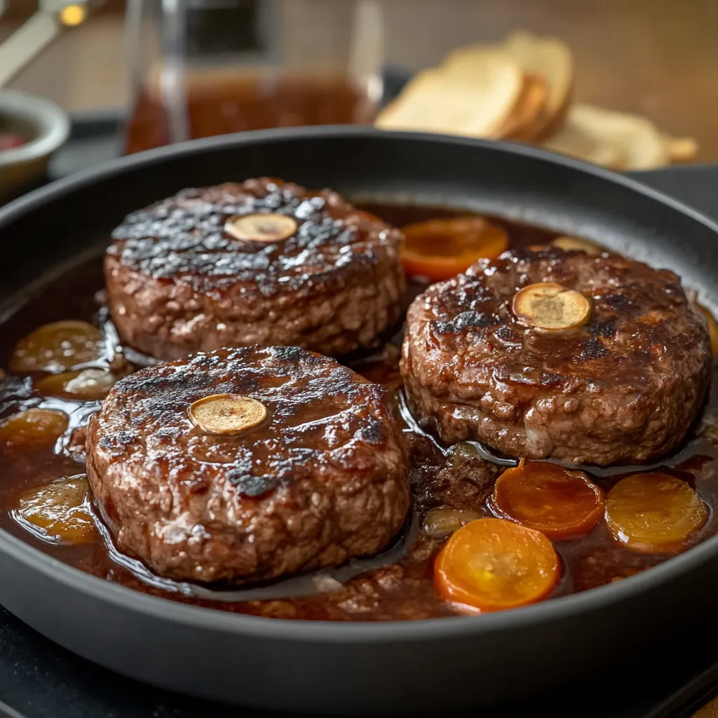 Carne grelhada em um frigideiro com caramelo e caramelo.