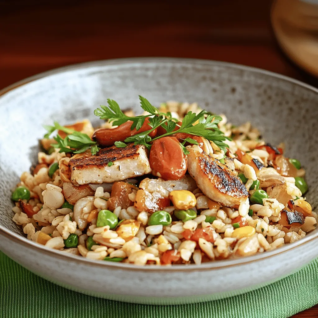 Riso com carne e vegetais.