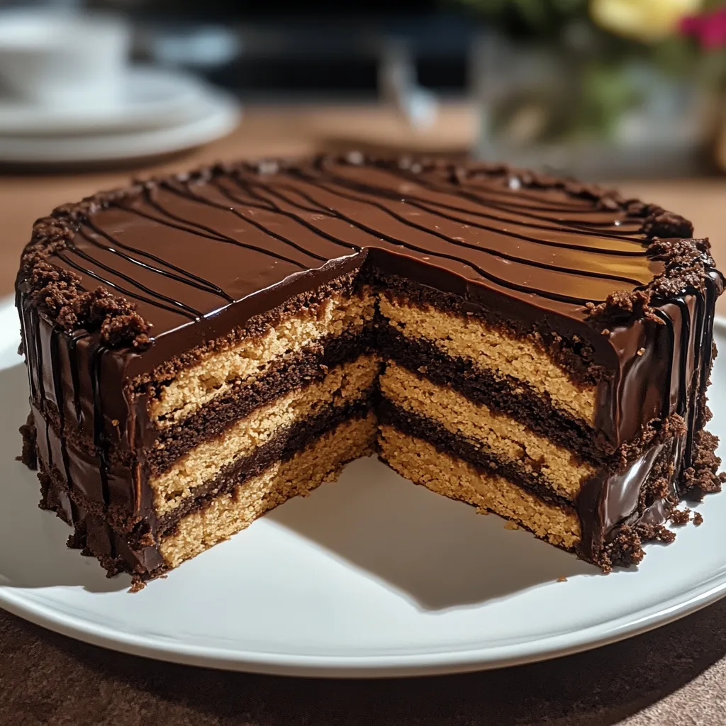 Um pedaço de cake com camada de chocolate e camada de amendoim.