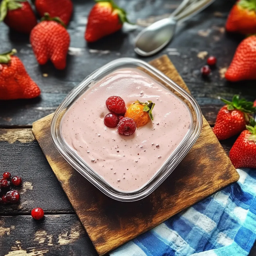 Glass bowl com creme de frutas com raspas e morangos.