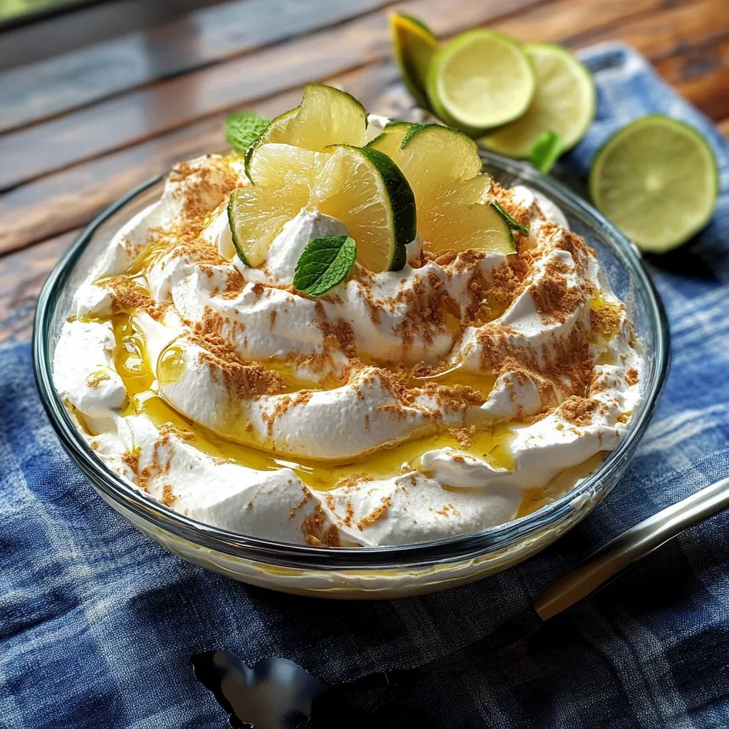 Um prato de creme de leite com frutas e limões.