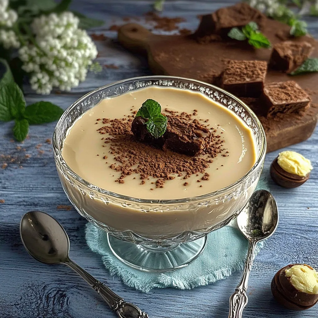 Um copo de creme de leite com chocolate e uma folha de menta no topo.