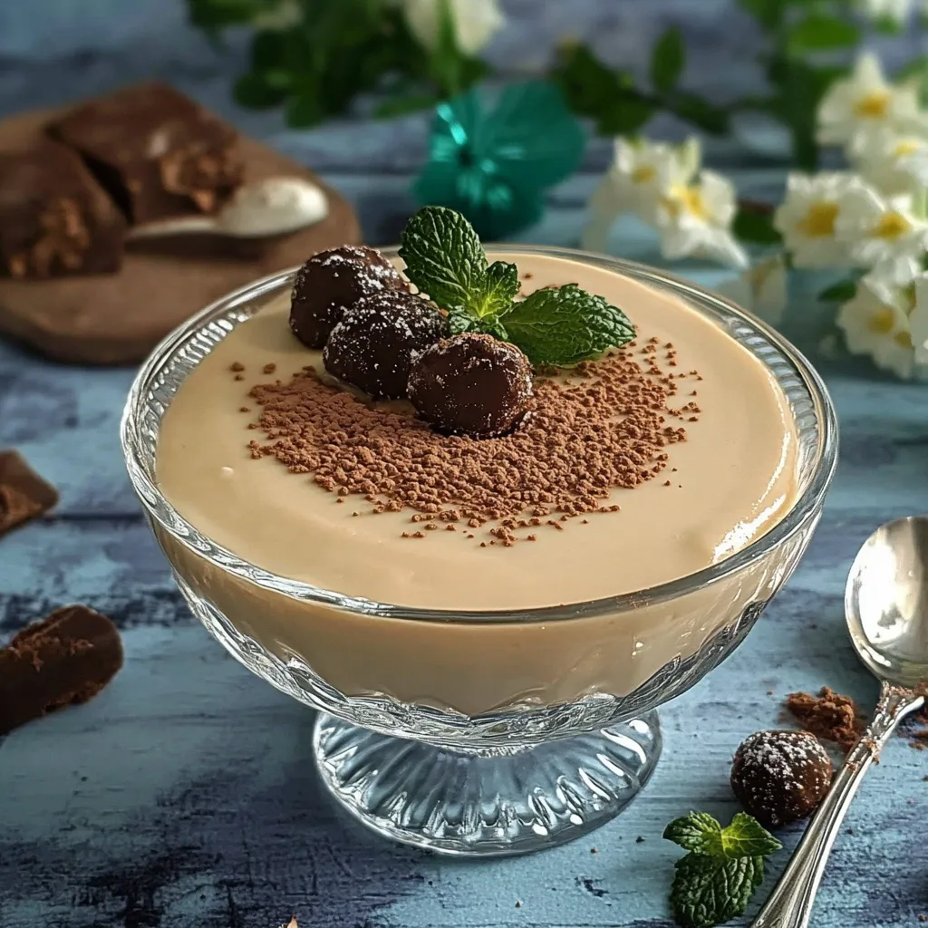 Um copo de creme de café com chocolate e folhas de menta.
