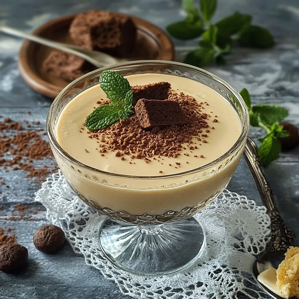 Glass of dessert with chocolate chips and mint leaves.