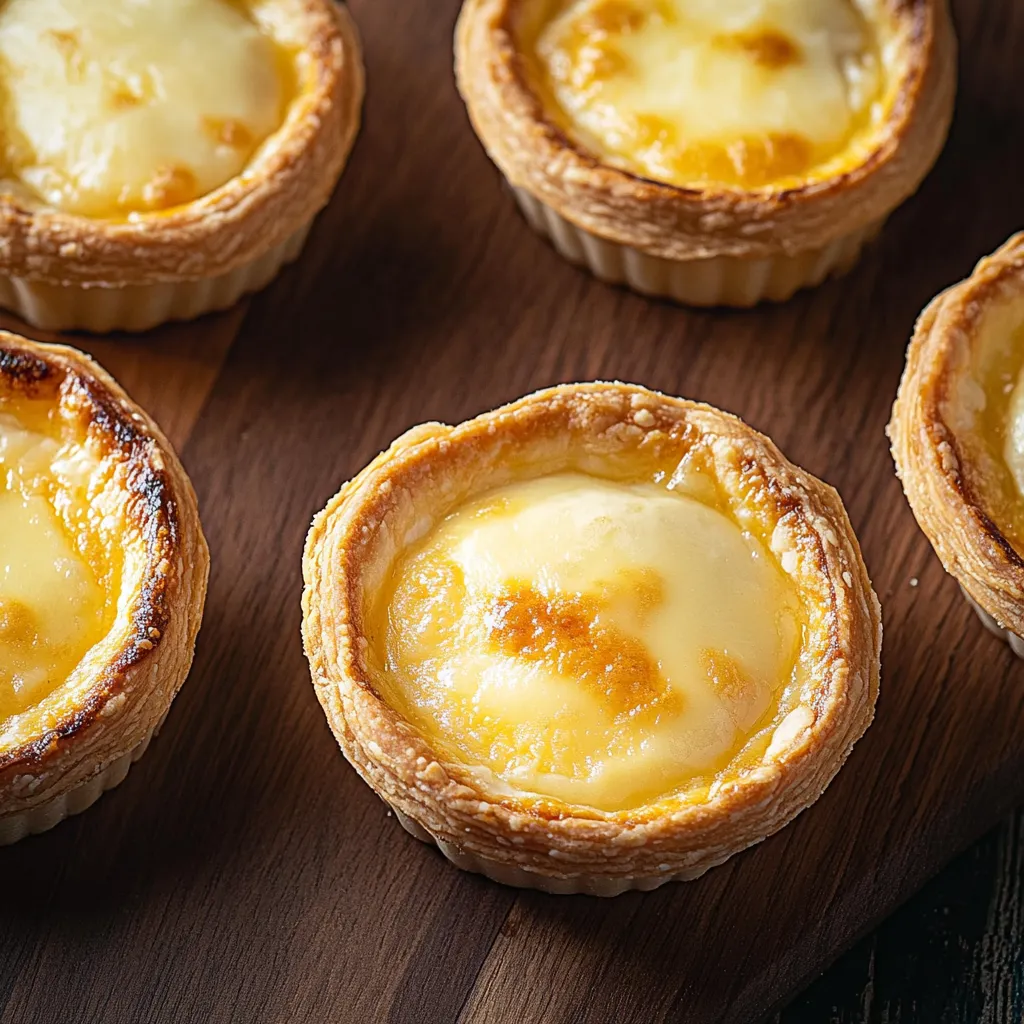 Quatro pastéis de queijo em uma tábua de madeira.