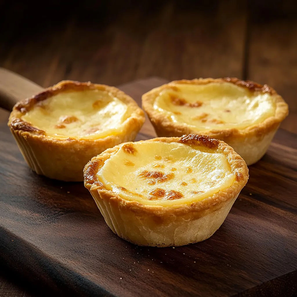 Três pastéis de nata com manteiga e café.
