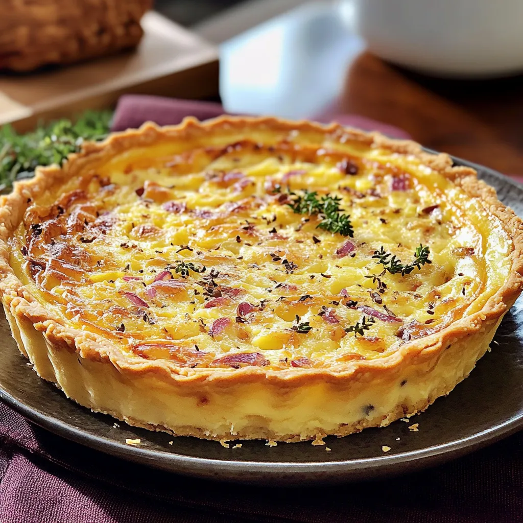 Um pedaço de tarta com frango e cebola.