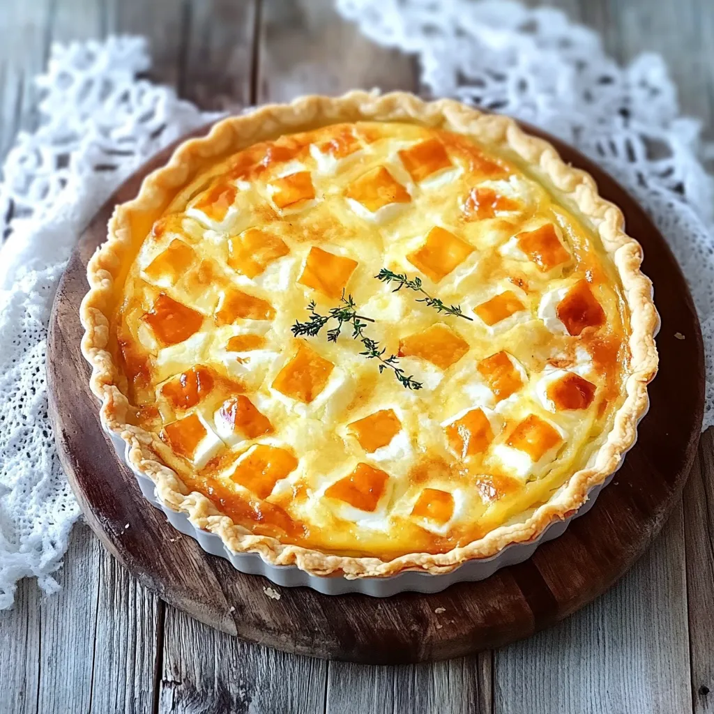 Um pedaço de tarta com frutas e queijo.