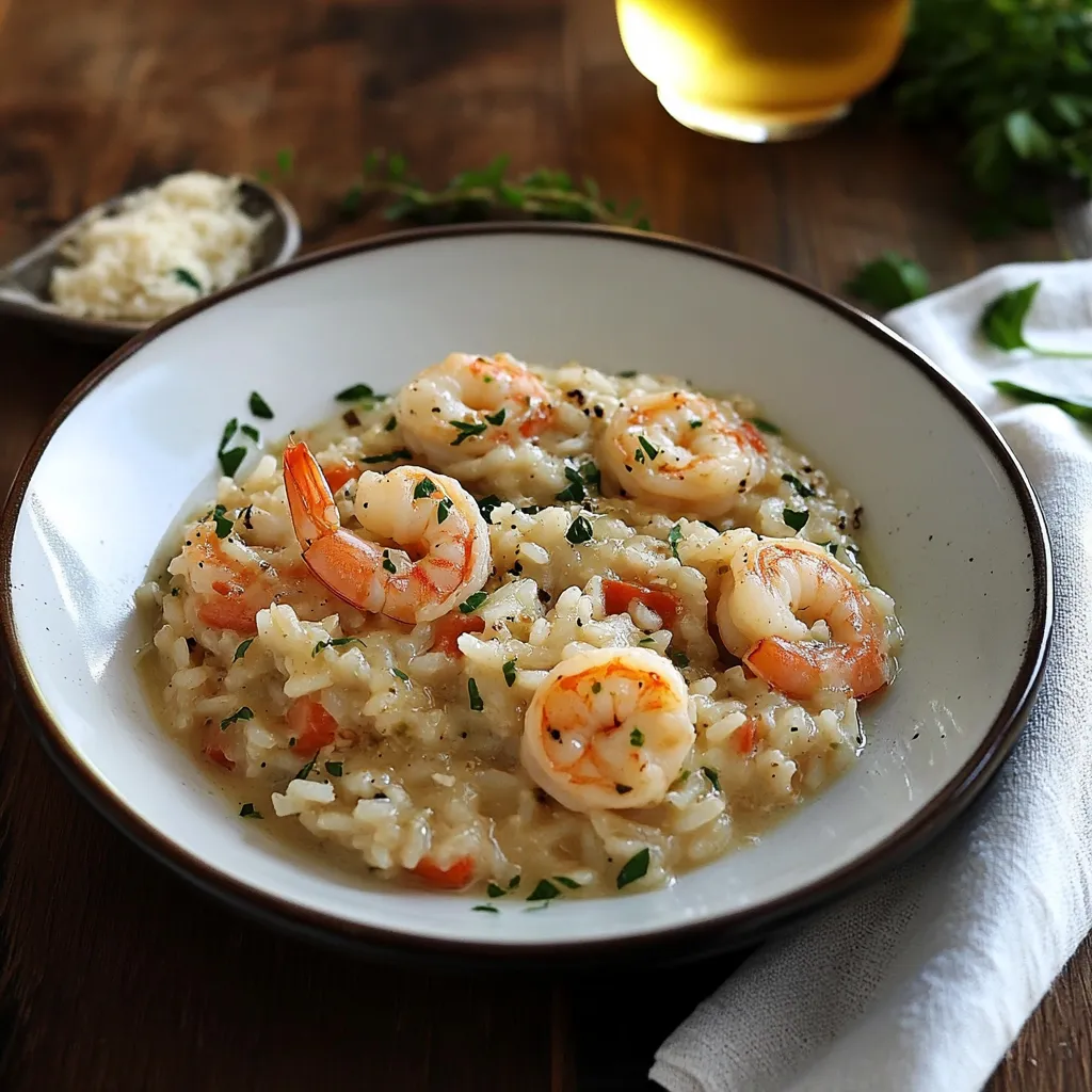 Um prato de arroz com camarões e ervas.