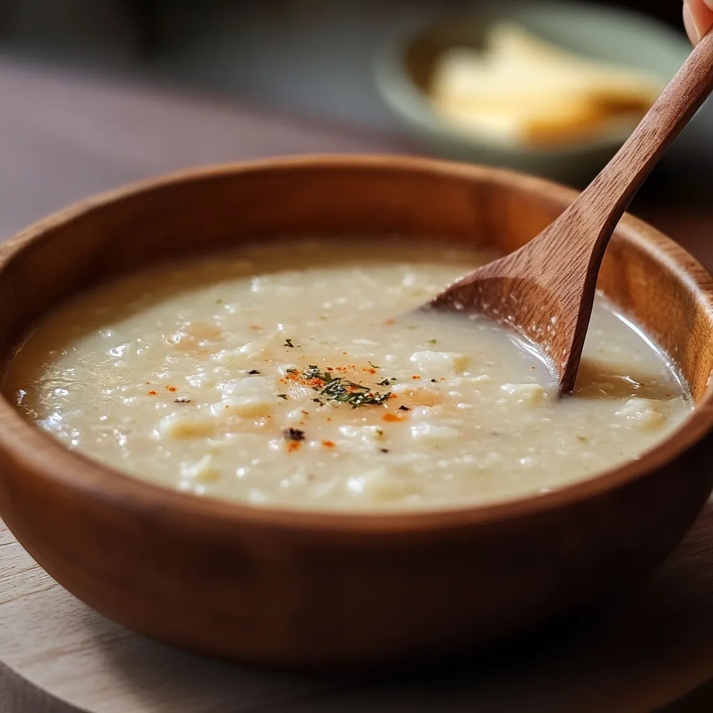 Um prato de sopa com uma colher de madeira.