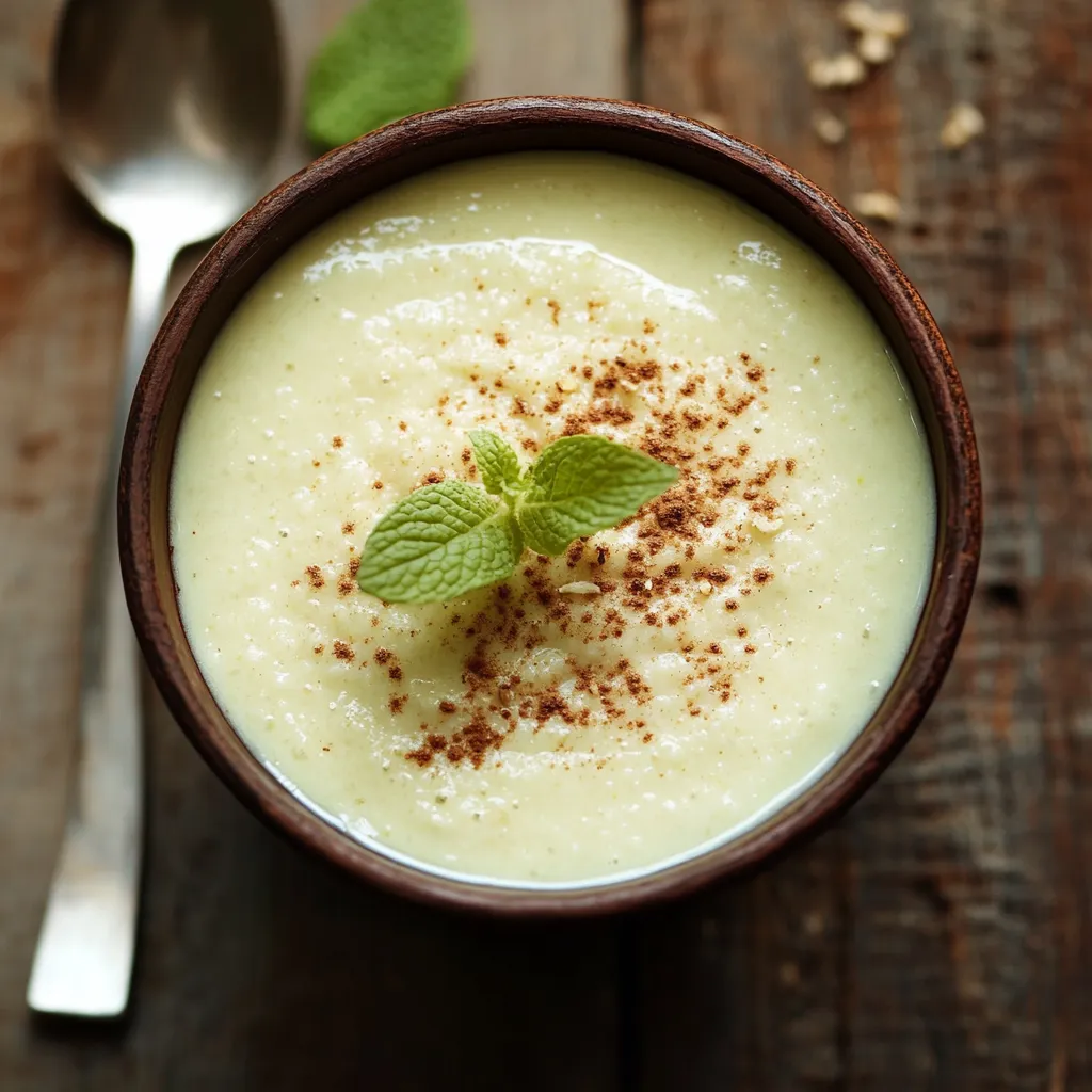 Um prato de creme de abóbora com uma folha de menta no topo.
