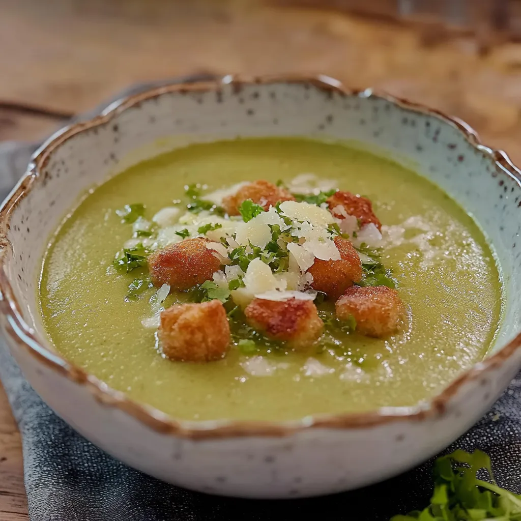 Um prato de sopa com crostadas de queijo e alho.