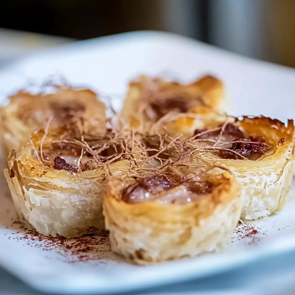 Quatro pastéis com chocolate e frutas no topo.