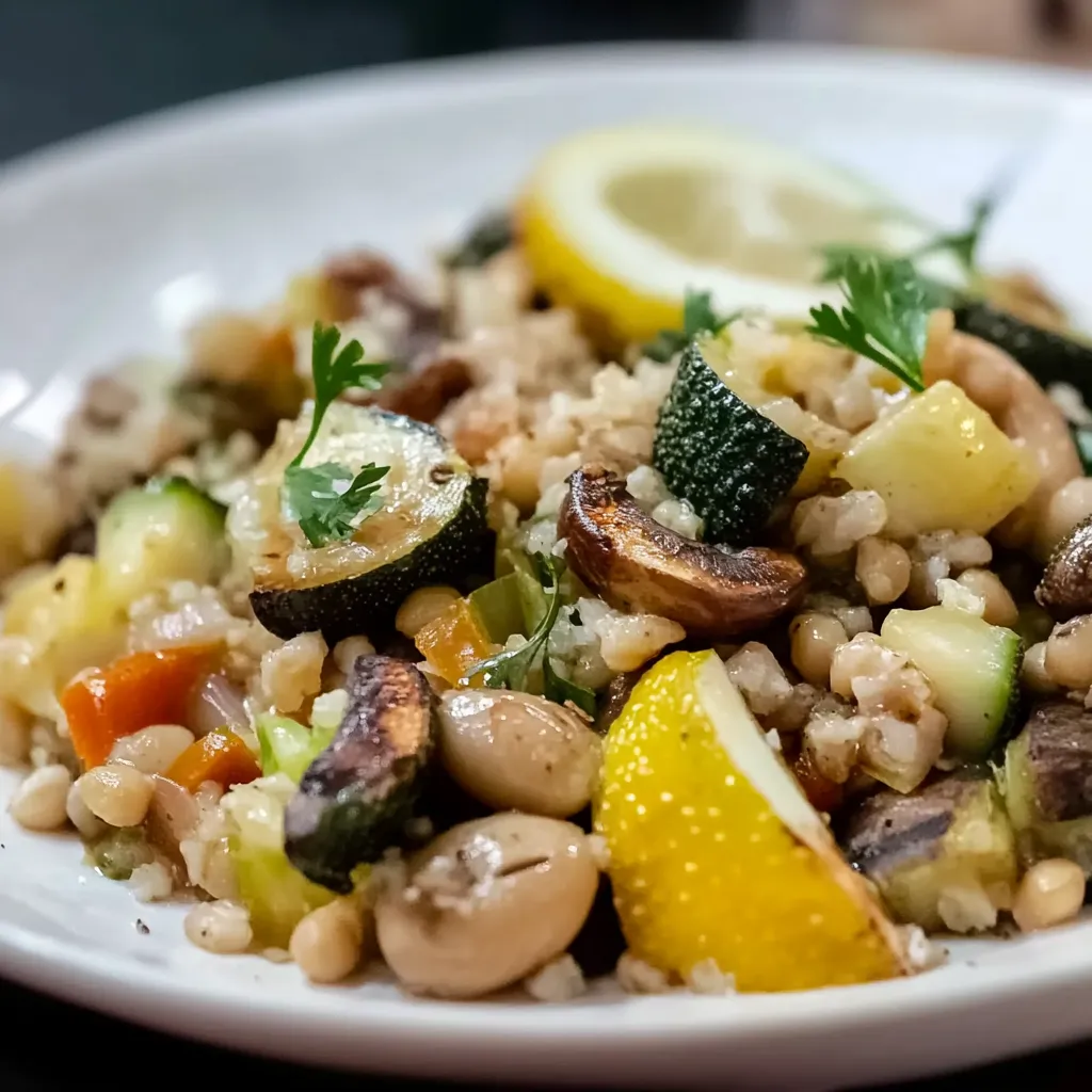 Um prato de comida com carne, legumes e frutas.