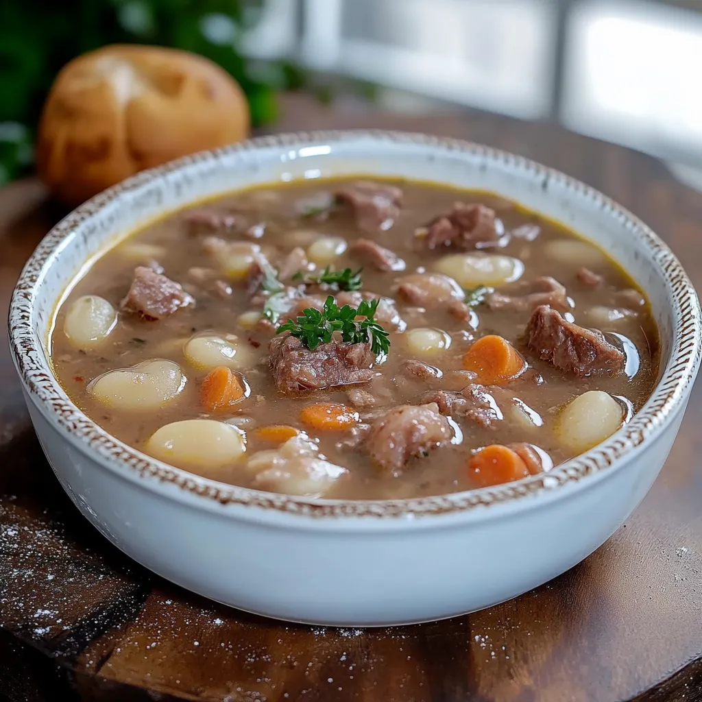 Um prato de sopa com carne e legumes.