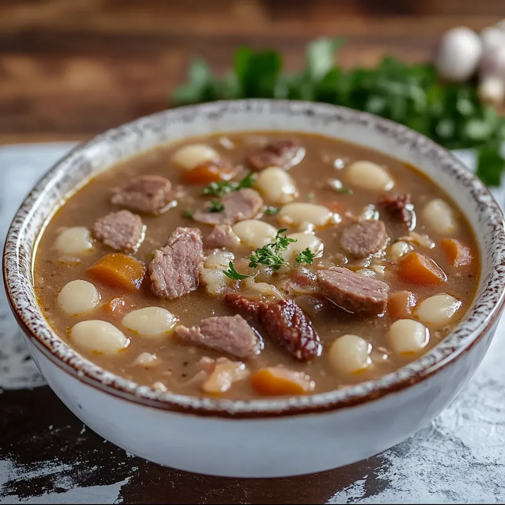 Um prato de sopa com carne, legumes e cebola.