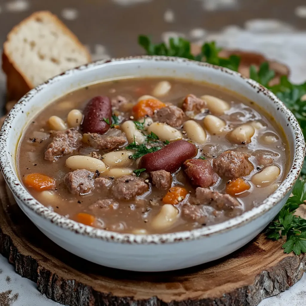 Um prato de sopa com carne, legumes e pão.