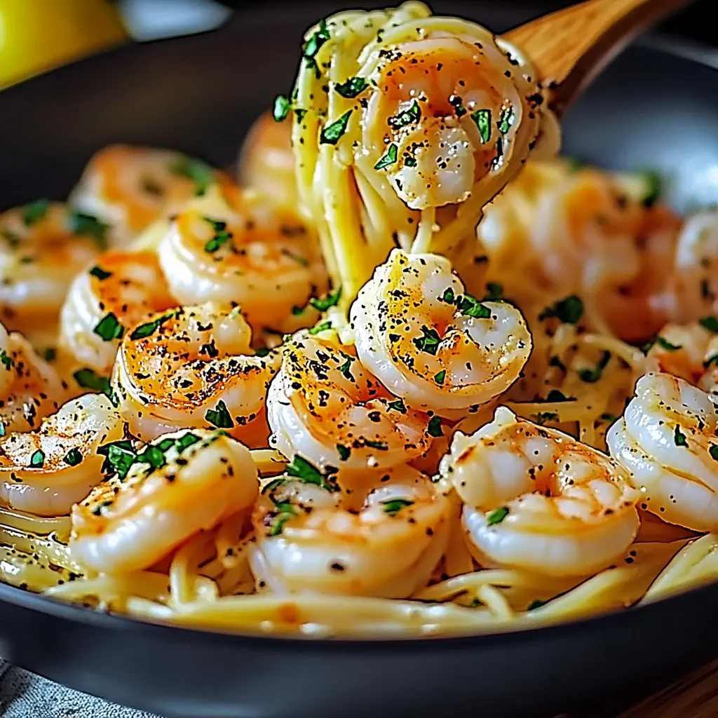 Macarrão com camarões e alho.