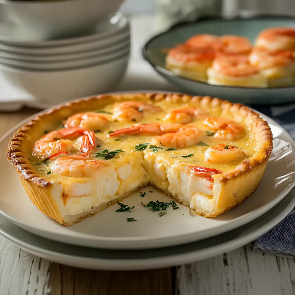 Um pedaço de tarta de camarão com arroz e vegetais.