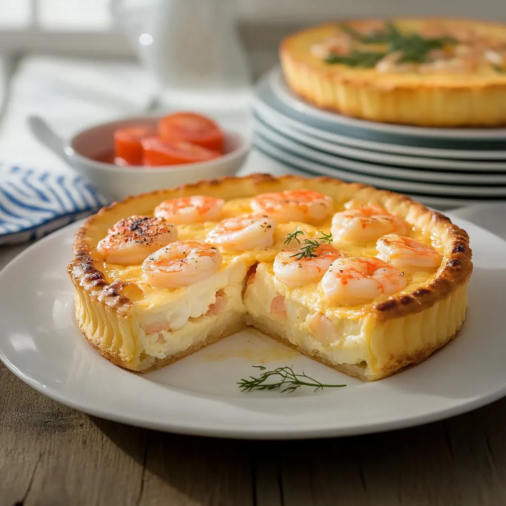 Um pedaço de tarta de camarão com tomate e alho.