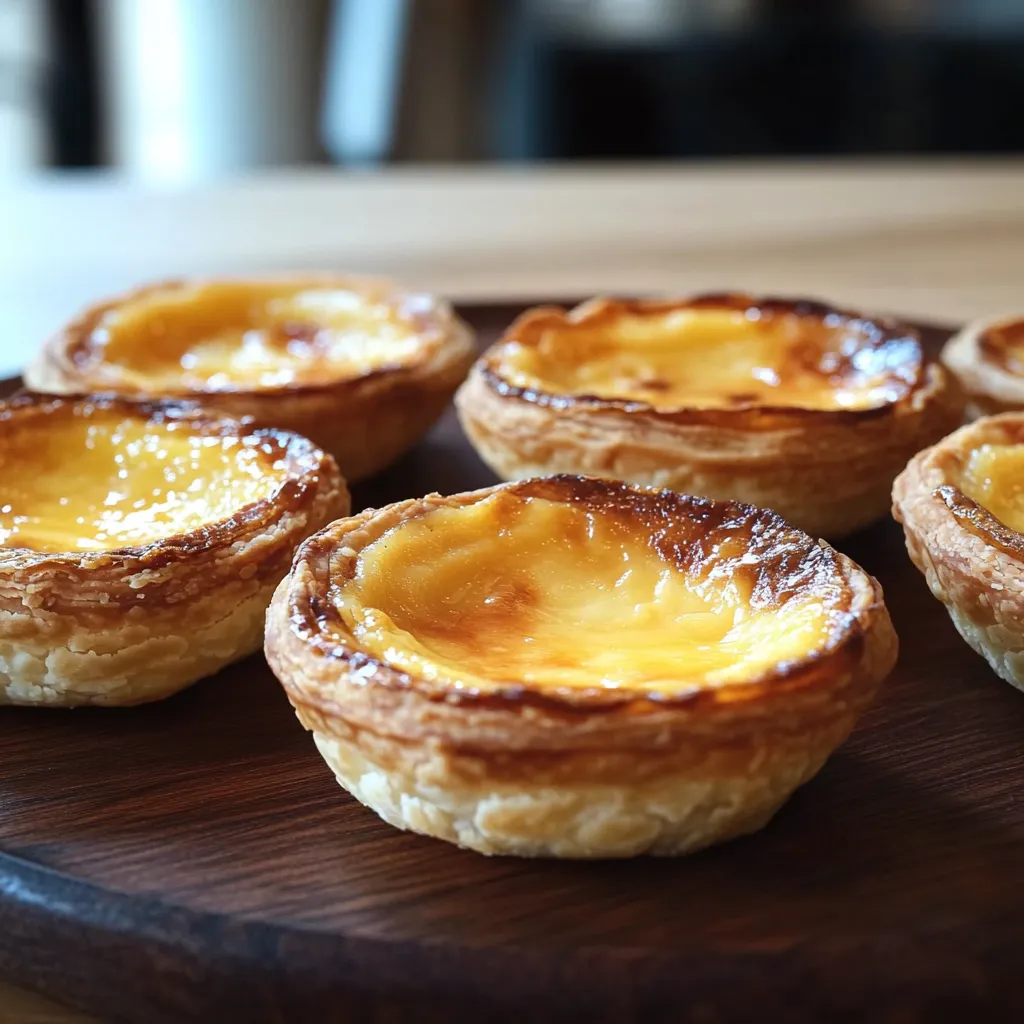 Quatro pastéis de nata em uma tábua.