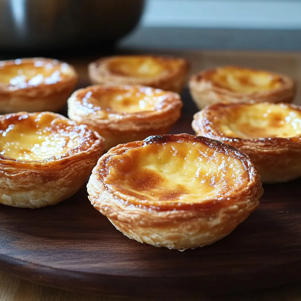 Quatro pastéis de nata em uma tábua.