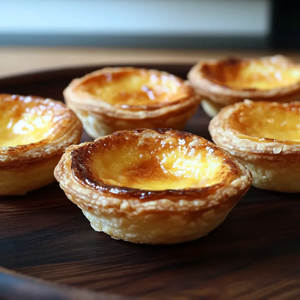 Quatro pastéis de nata em uma tábua.