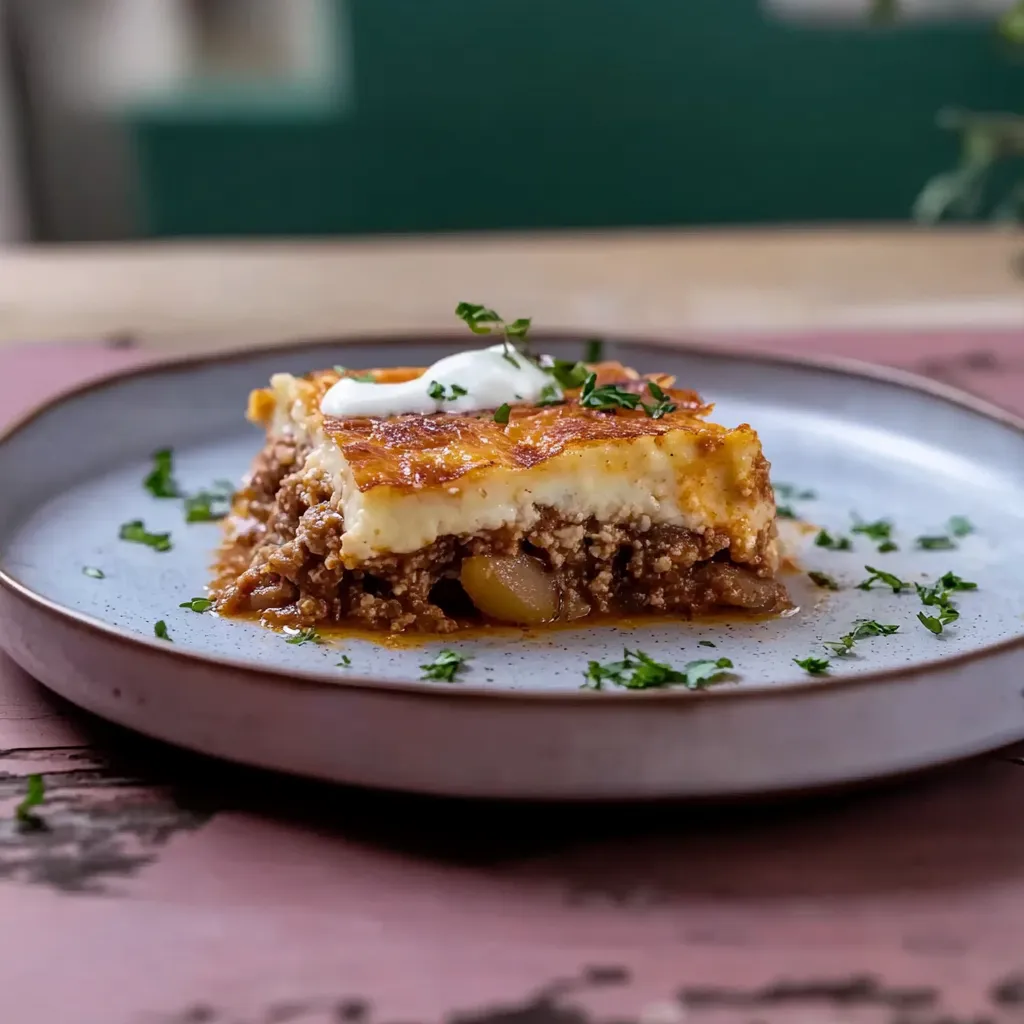 Um prato com uma fatia de pizza com cebola e alho.