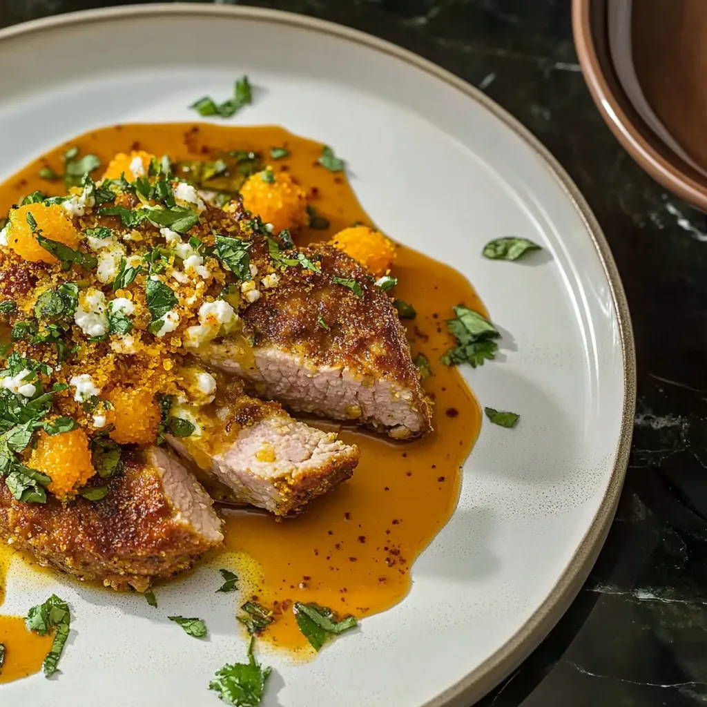 Carne com molho e ervas, servida em um prato branco.