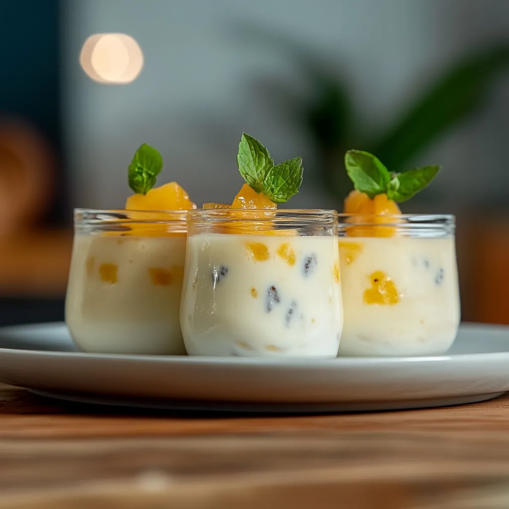 Três copos de creme de frutas com folhas de menta.