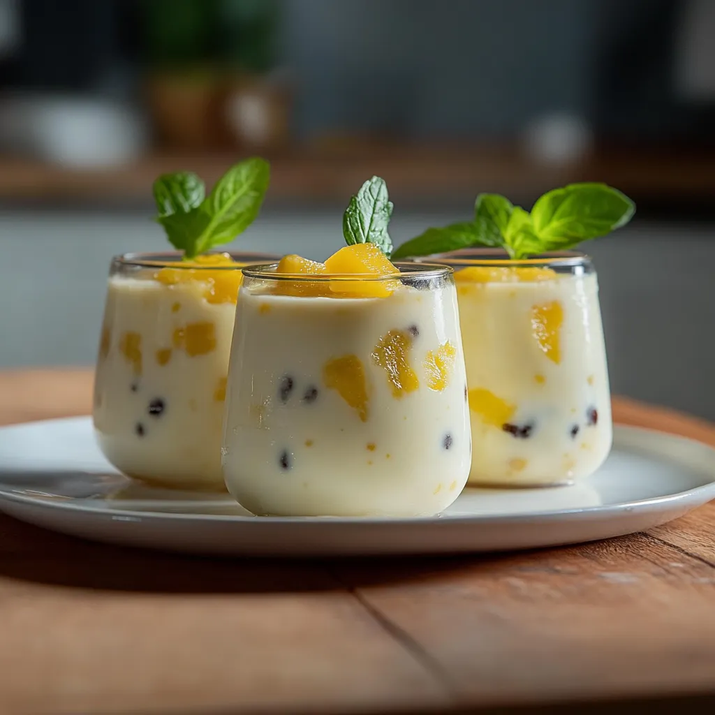 Três copos de creme de frutas com folhas verdes no topo.