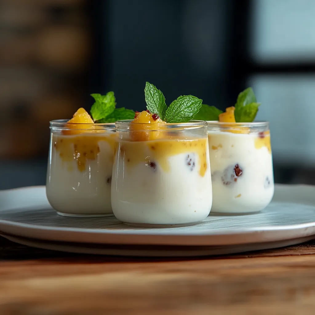 Três copos de creme de frutas com folhas verdes.