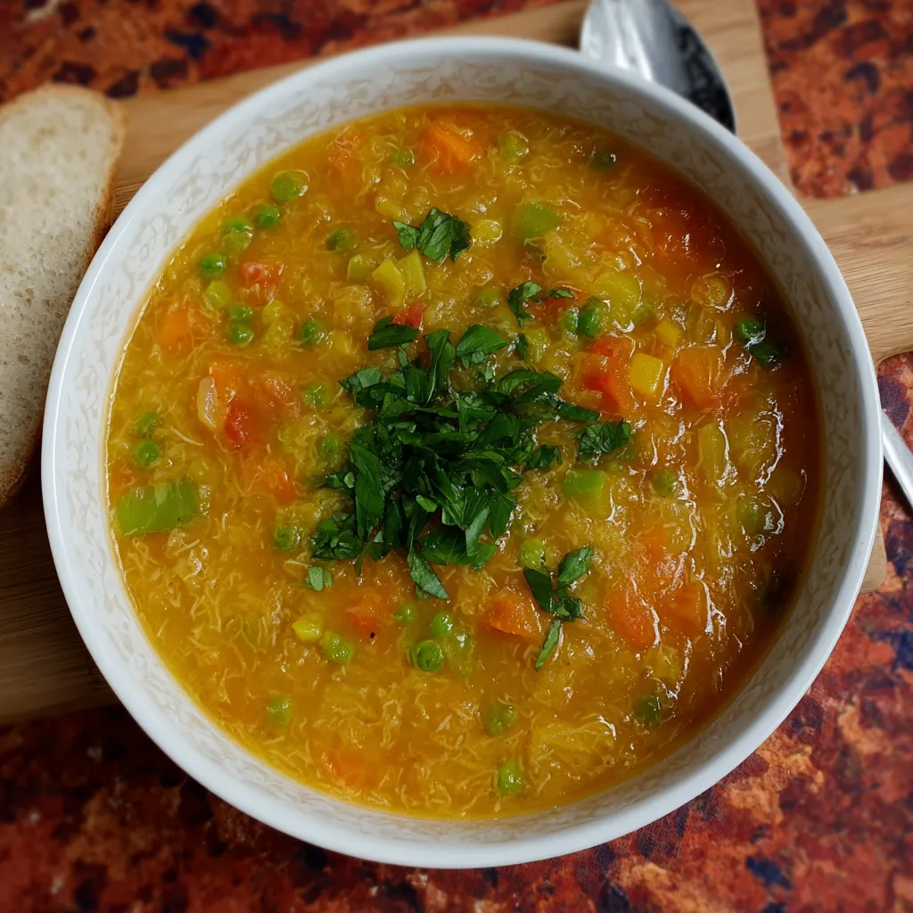 Um prato de sopa com carrots e pepinhos.