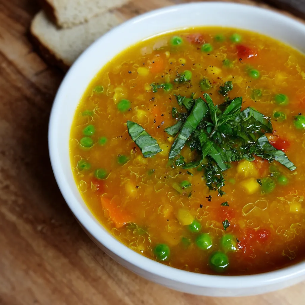 Um prato de sopa com peixe, pimentões, cenoura e abóbora.