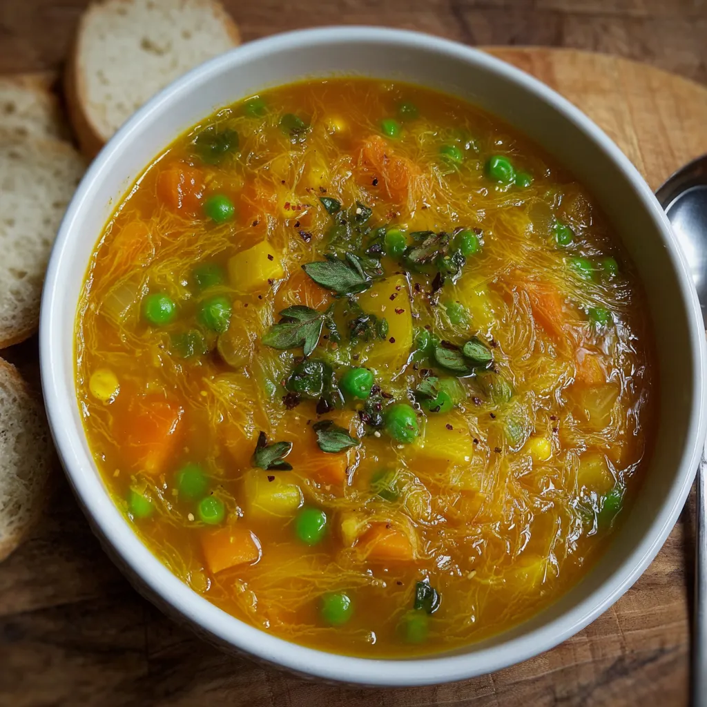 Um prato de sopa com carrots e peas.