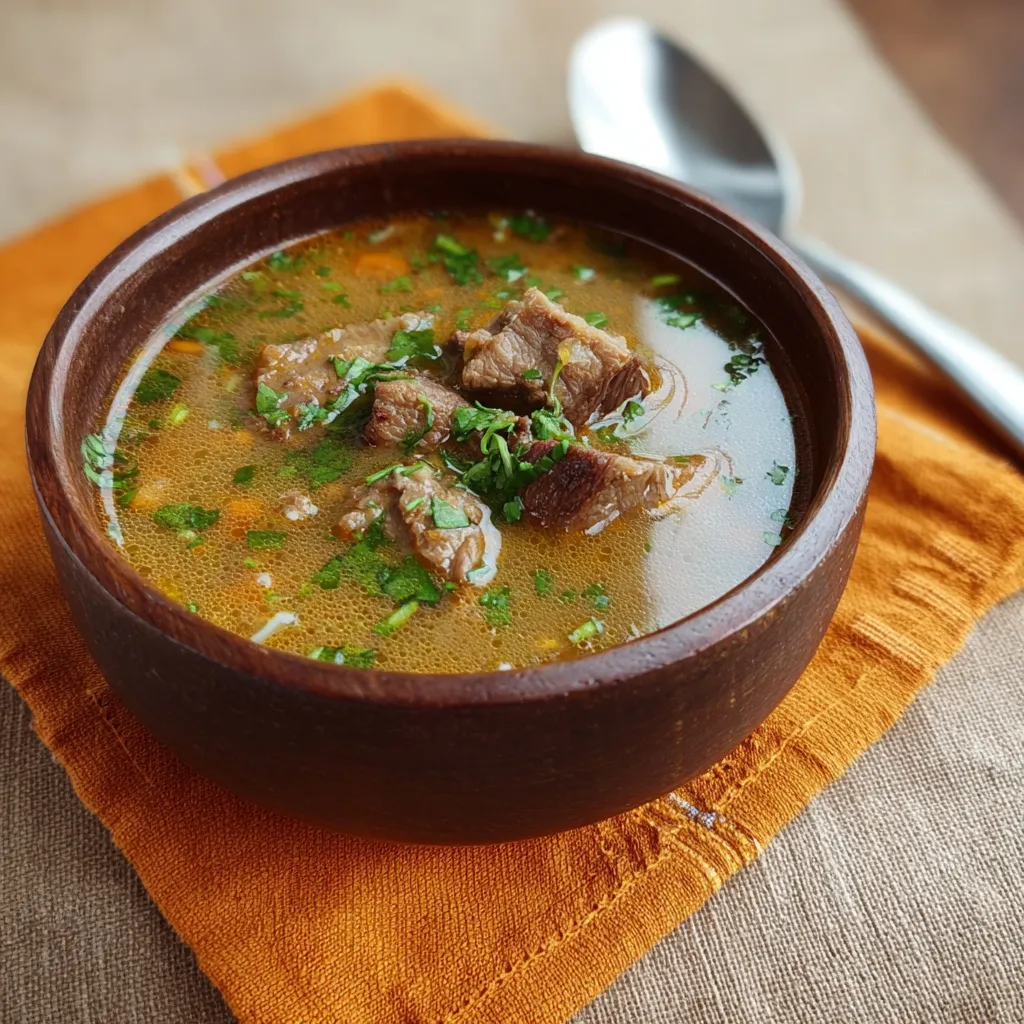 Um prato de sopa com carne e ervas.